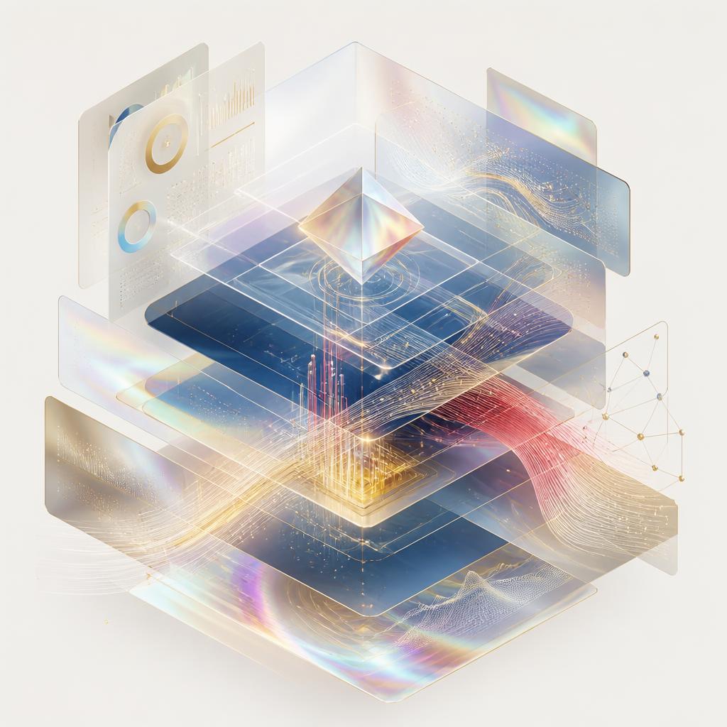 Abstract holographic visualization of a layered financial intelligence platform